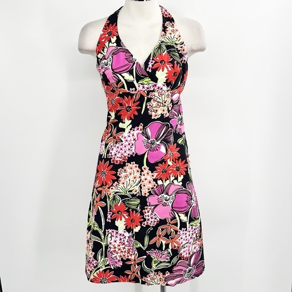 Lilly Pulitzer Vintage White Label Floral V Neck Halter Dress size 4 Black Red - Picture 1 of 9
